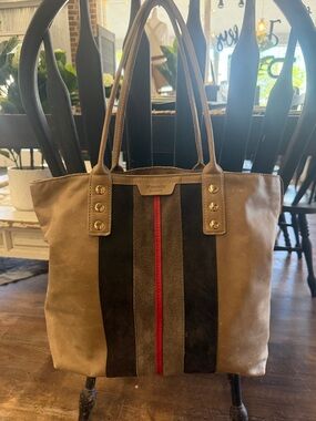 Hammitt Taupe Tote with Black Stripes and Red Trim